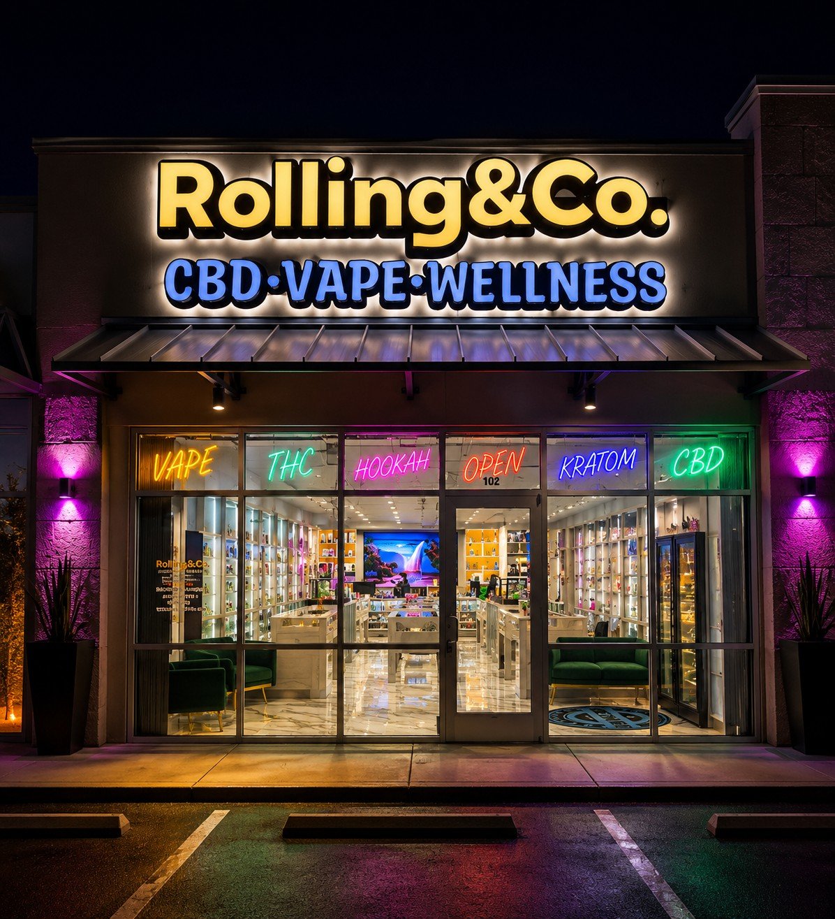 Rolling & Co. storefront at night